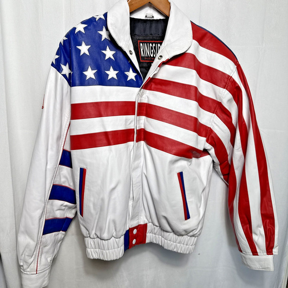 Vintage USA Boxing Leather Bomber Jacket Men's Size L Red White Blue Ringside KS - Picture 4 of 14